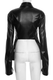 Black Sexy Solid Color Zipper Mandarin Collar Long Sleeve Two Pieces
