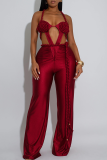 Burgundy Sexy Solid Color Backless Halter Regular Jumpsuits