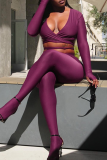 Purple Sexy Solid Color Hollow Out Deep V Neck Long Sleeve Two Pieces