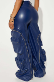 Blue Casual Solid Color Zipper Loose Mid Waist Conventional Patchwork Bottoms
