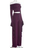 Purple Casual Solid Color Flounce Off Shoulder Long Sleeve Two Pieces