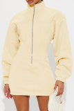 Apricot Casual Solid Color Zipper Mandarin Collar Wrapped Skirt Dresses