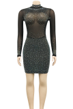 Apricot Sexy Solid Color Hot Drill O Neck Wrapped Skirt Dresses