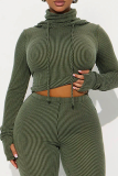 Green Casual Solid Color Draw String Hooded Long Sleeve Two Pieces