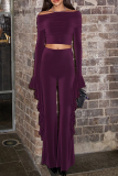 Purple Casual Solid Color Flounce Off Shoulder Long Sleeve Two Pieces