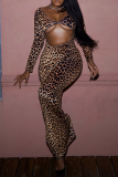 Leopard Print Sexy Leopard Print Hollow Out V Neck Long Dresses
