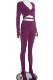Purple Sexy Solid Color Hollow Out Deep V Neck Long Sleeve Two Pieces