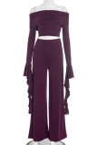 Purple Casual Solid Color Flounce Off Shoulder Long Sleeve Two Pieces