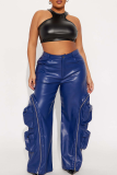 Blue Casual Solid Color Zipper Loose Mid Waist Conventional Patchwork Bottoms