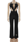 Black Sexy Solid Color Backless Halter Regular Jumpsuits