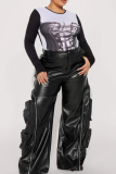 Blue Casual Solid Color Zipper Loose Mid Waist Conventional Patchwork Bottoms