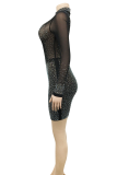 Apricot Sexy Solid Color Hot Drill O Neck Wrapped Skirt Dresses