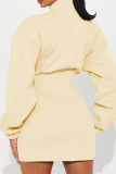 Apricot Casual Solid Color Zipper Mandarin Collar Wrapped Skirt Dresses