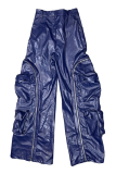 Blue Casual Solid Color Zipper Loose Mid Waist Conventional Patchwork Bottoms