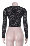 Black Sexy Solid Color Hollow Out O Neck Tops