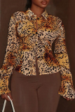 Leopard Print Casual Leopard Print Buckle Turndown Collar Tops