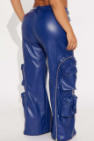 Blue Casual Solid Color Zipper Loose Mid Waist Conventional Patchwork Bottoms