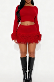 Red Casual Solid Color Fringed Trim O Neck Long Sleeve Two Pieces