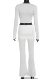 White Casual Solid Color Metal Accessories Trim O Neck Long Sleeve Two Pieces