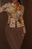Leopard Print Casual Leopard Print Buckle Turndown Collar Tops