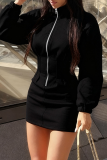 Apricot Casual Solid Color Zipper Mandarin Collar Wrapped Skirt Dresses