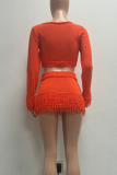 Red Casual Solid Color Fringed Trim O Neck Long Sleeve Two Pieces