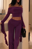 Purple Casual Solid Color Flounce Off Shoulder Long Sleeve Two Pieces
