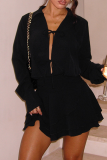 Black Casual Solid Color Strap Design Turndown Collar Dresses
