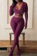 Purple Sexy Solid Color Hollow Out Deep V Neck Long Sleeve Two Pieces
