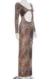 Leopard Print Sexy Leopard Print Hollow Out V Neck Long Dresses