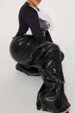 Blue Casual Solid Color Zipper Loose Mid Waist Conventional Patchwork Bottoms
