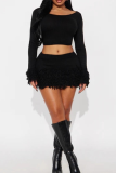 Red Casual Solid Color Fringed Trim O Neck Long Sleeve Two Pieces