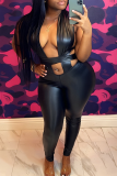 Black Sexy Solid Color Hollow Out Halter Skinny Jumpsuits