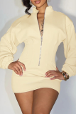 Apricot Casual Solid Color Zipper Mandarin Collar Wrapped Skirt Dresses
