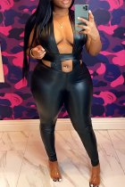 Black Sexy Solid Color Hollow Out Halter Skinny Jumpsuits