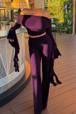 Purple Casual Solid Color Flounce Off Shoulder Long Sleeve Two Pieces