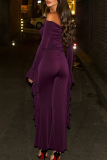 Purple Casual Solid Color Flounce Off Shoulder Long Sleeve Two Pieces