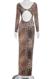 Leopard Print Sexy Leopard Print Hollow Out V Neck Long Dresses