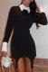 Black Casual Solid Color Contrast Turndown Collar Wrapped Skirt Dresses