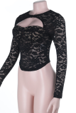 Black Sexy Solid Color Hollow Out O Neck Tops
