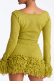 Red Casual Solid Color Fringed Trim O Neck Long Sleeve Two Pieces