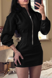 Apricot Casual Solid Color Zipper Mandarin Collar Wrapped Skirt Dresses