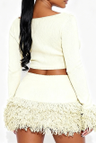 Red Casual Solid Color Fringed Trim O Neck Long Sleeve Two Pieces