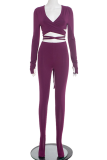 Purple Sexy Solid Color Hollow Out Deep V Neck Long Sleeve Two Pieces
