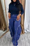 Blue Casual Solid Color Zipper Loose Mid Waist Conventional Patchwork Bottoms