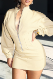 Apricot Casual Solid Color Zipper Mandarin Collar Wrapped Skirt Dresses
