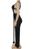 Black Sexy Solid Color Backless Halter Regular Jumpsuits