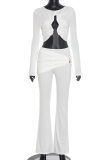 White Casual Solid Color Metal Accessories Trim O Neck Long Sleeve Two Pieces