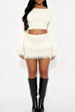 Red Casual Solid Color Fringed Trim O Neck Long Sleeve Two Pieces