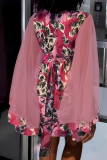 Red Sexy Print Mesh O Neck Wrapped Skirt Dresses